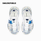 White and Silver Mesh Paint Splatter Chunky Sneakers, Unisex Low Top Lace Up Shoes