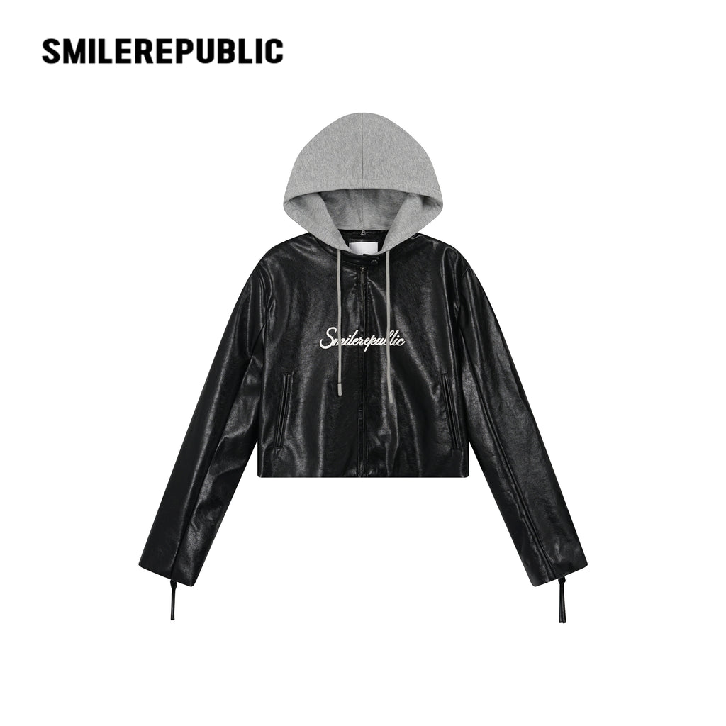 Cherry Red/Gray Hood PU Coated Faux Leather Layered Look Hooded Cropped Zip Jacket for Women