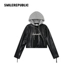 Cherry Red/Gray Hood PU Coated Faux Leather Layered Look Hooded Cropped Zip Jacket for Women