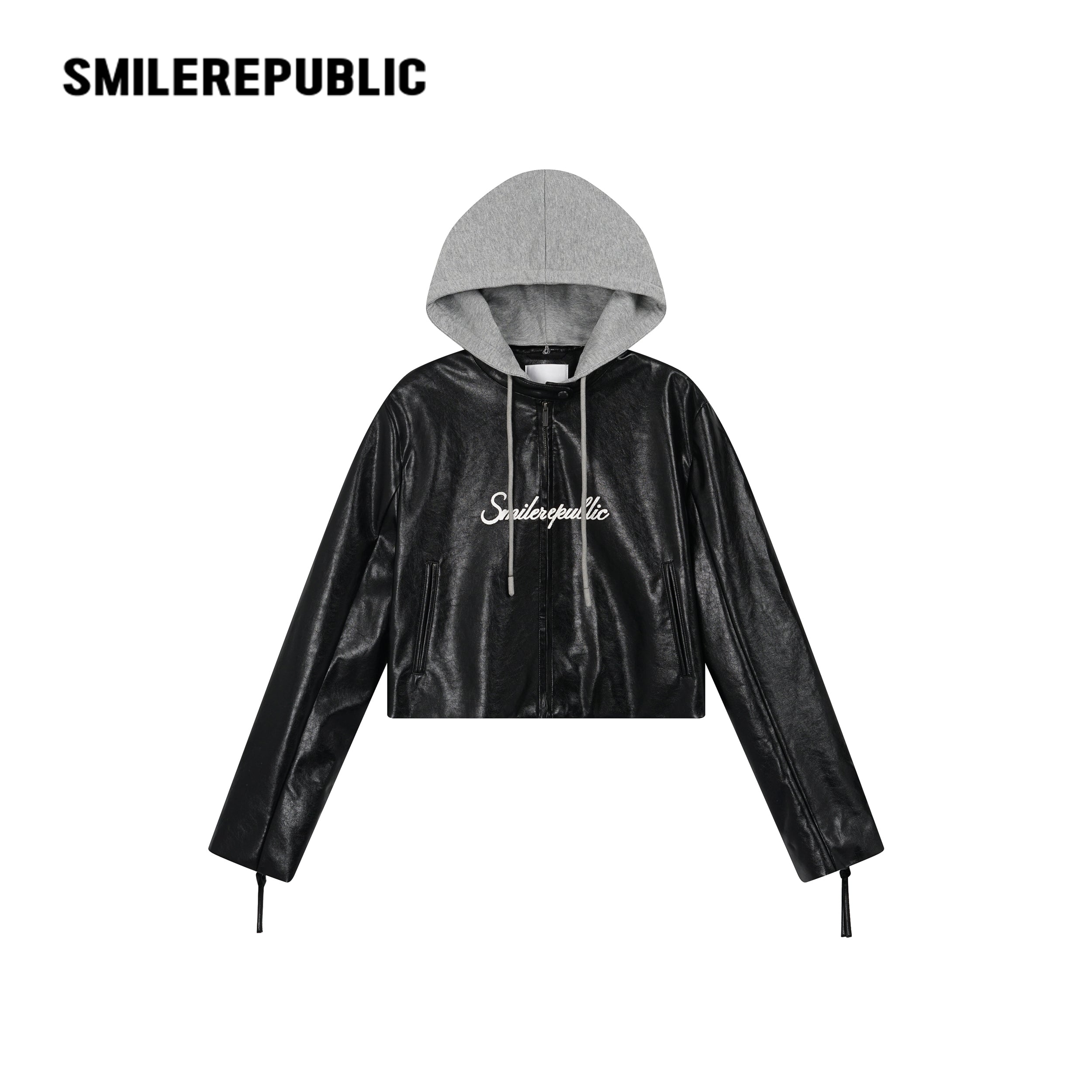 Cherry Red/Gray Hood PU Coated Faux Leather Layered Look Hooded Cropped Zip Jacket for Women
