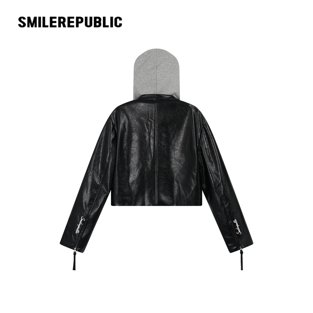 Cherry Red/Gray Hood PU Coated Faux Leather Layered Look Hooded Cropped Zip Jacket for Women