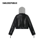 Cherry Red/Gray Hood PU Coated Faux Leather Layered Look Hooded Cropped Zip Jacket for Women