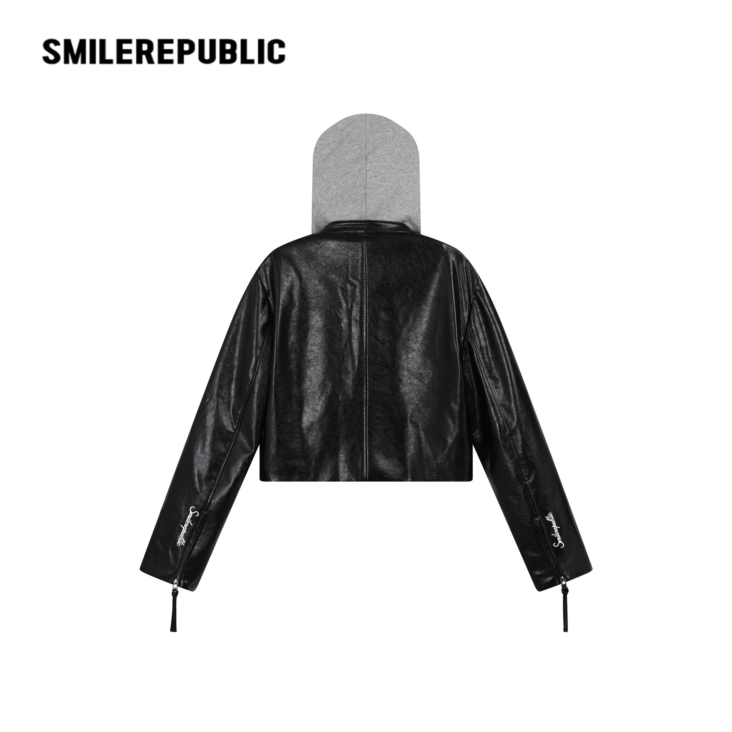 Cherry Red/Gray Hood PU Coated Faux Leather Layered Look Hooded Cropped Zip Jacket for Women