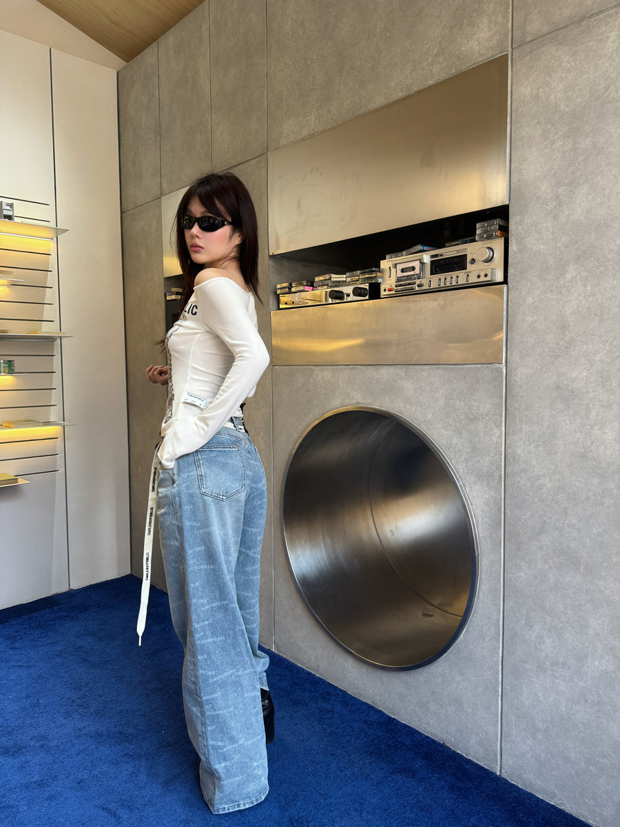 Unisex Blue Washed Denim Logo-Print Wide-Leg Jeans with Logo Tie Belt 详情图 4