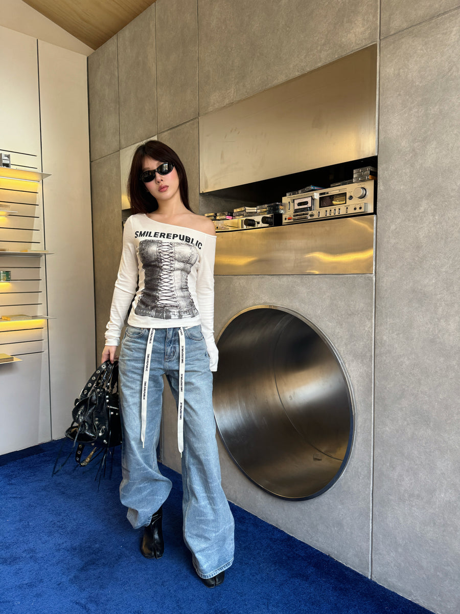 Unisex Blue Washed Denim Logo-Print Wide-Leg Jeans with Logo Tie Belt 详情图 5