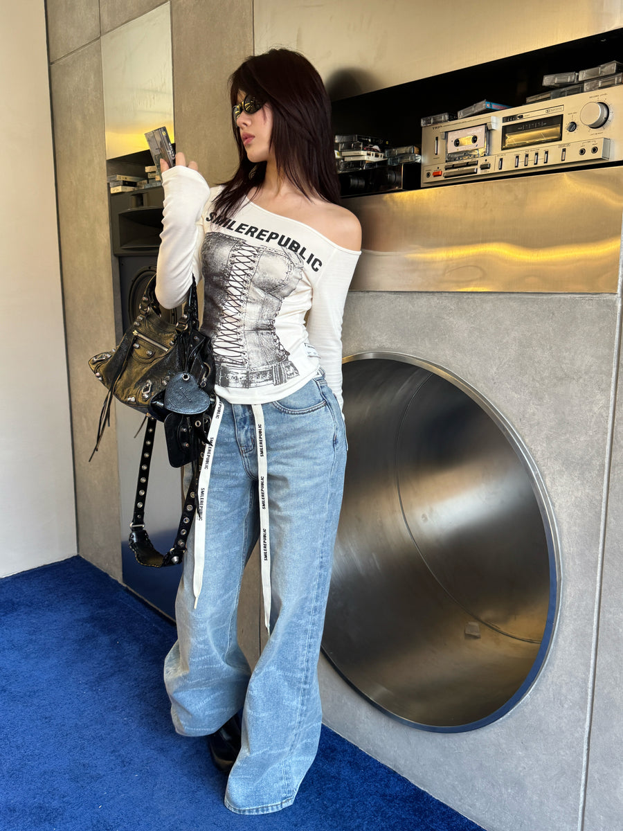 Unisex Blue Washed Denim Logo-Print Wide-Leg Jeans with Logo Tie Belt 详情图 3