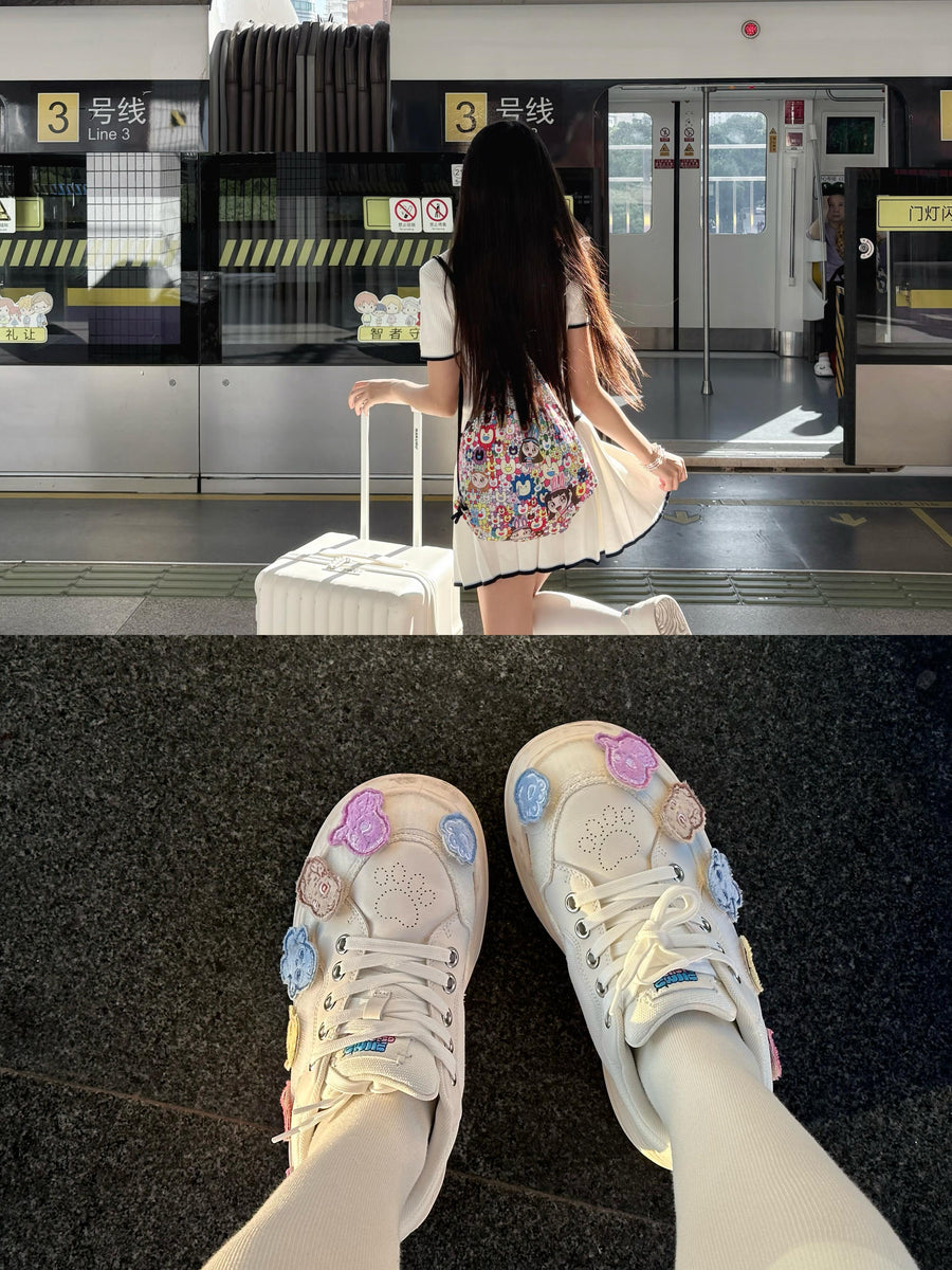 White Cartoon Monster Patch Chunky Sneakers, Unisex Lace Up Shoes 详情图 2