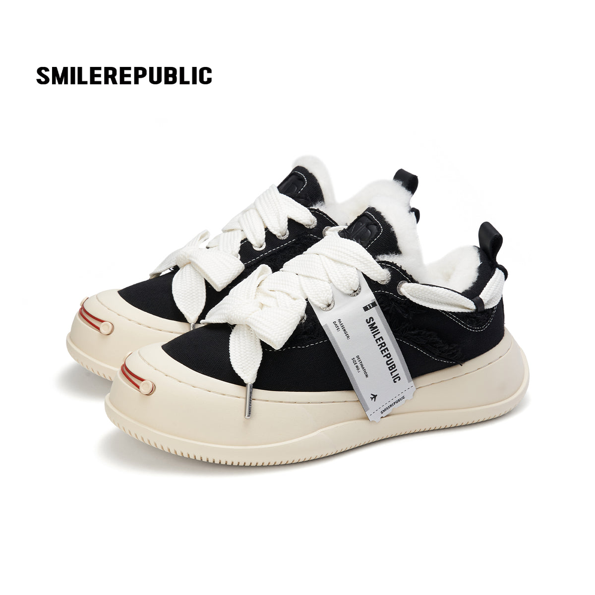 Black Canvas Fuzzy Trim Platform Sneakers, Unisex Low Top Lace Up Shoes