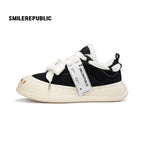 Black Canvas Fuzzy Trim Platform Sneakers, Unisex Low Top Lace Up Shoes
