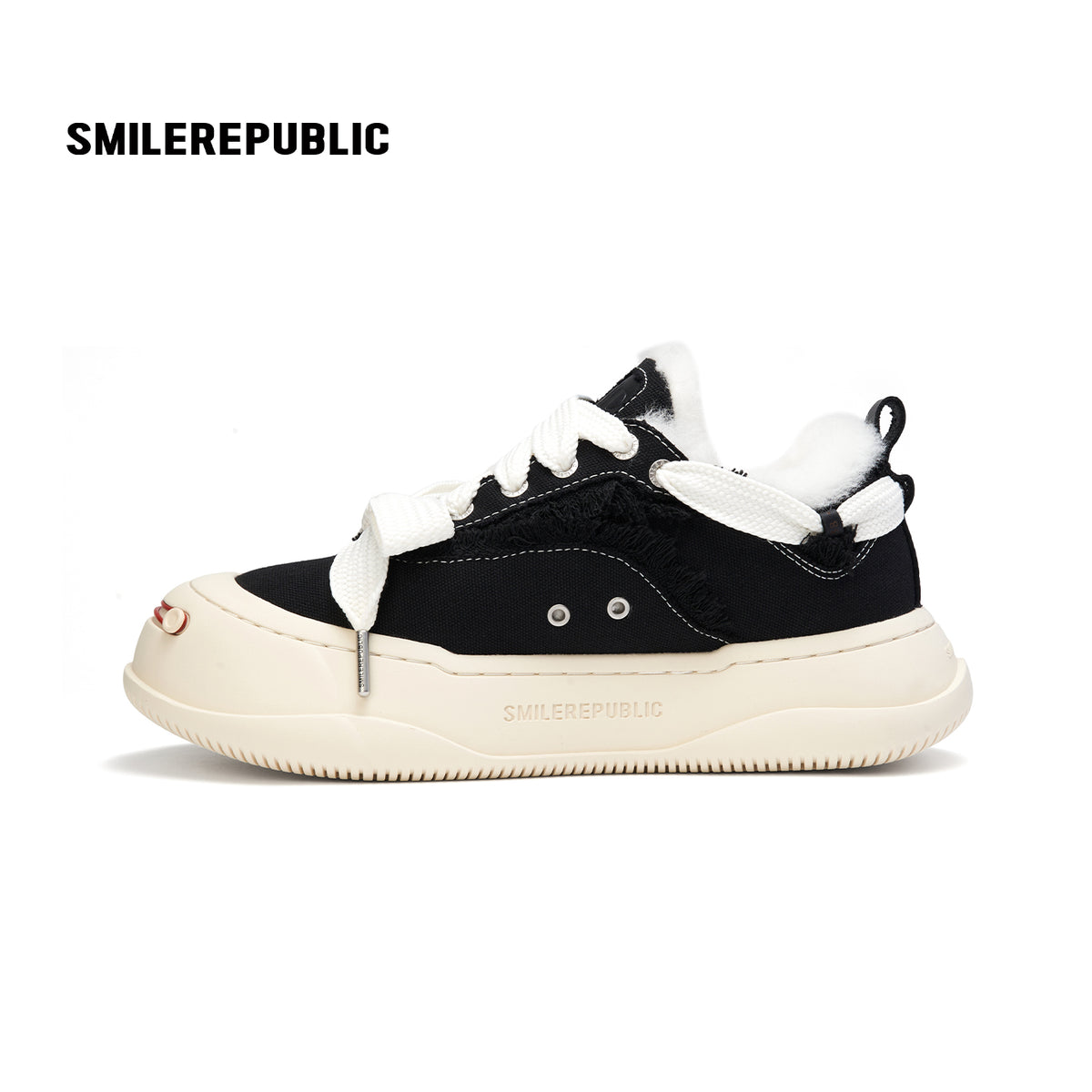 Black Canvas Fuzzy Trim Platform Sneakers, Unisex Low Top Lace Up Shoes