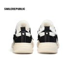 Black Canvas Fuzzy Trim Platform Sneakers, Unisex Low Top Lace Up Shoes