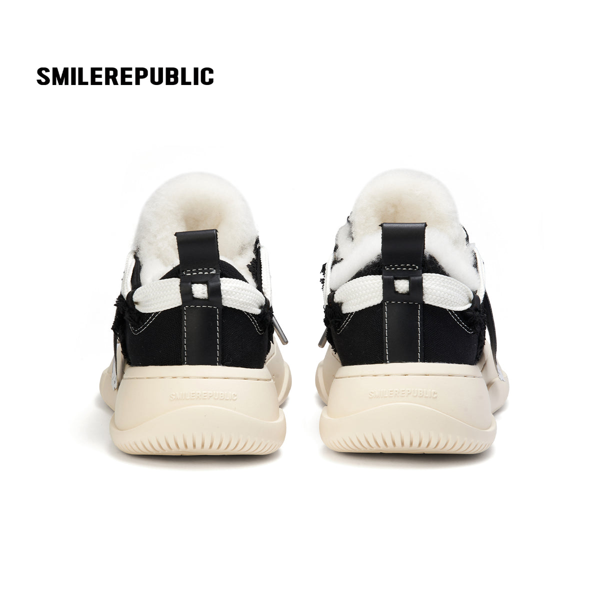 Black Canvas Fuzzy Trim Platform Sneakers, Unisex Low Top Lace Up Shoes