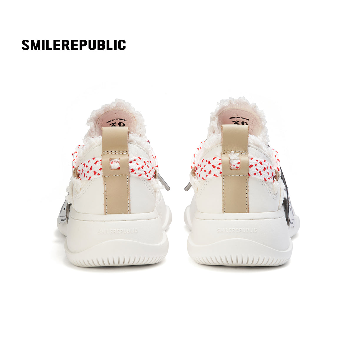 Ivory Sheepskin Leather Low Top Sneakers with Red Lace Details for Women