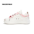 Ivory Sheepskin Leather Low Top Sneakers with Red Lace Details for Women