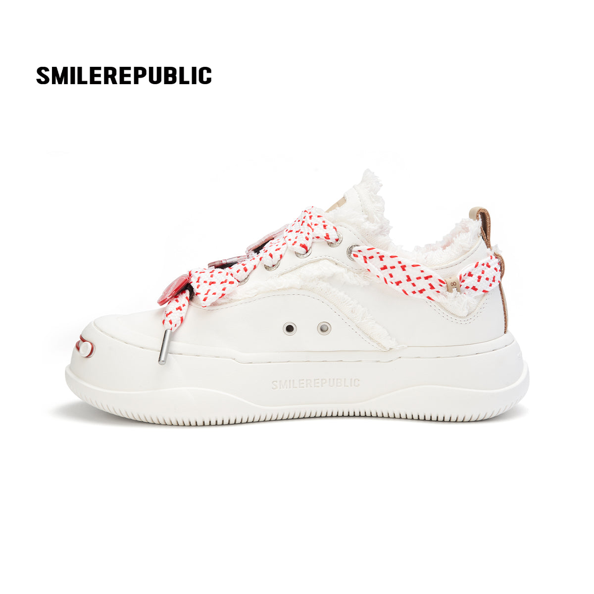 Ivory Sheepskin Leather Low Top Sneakers with Red Lace Details for Women