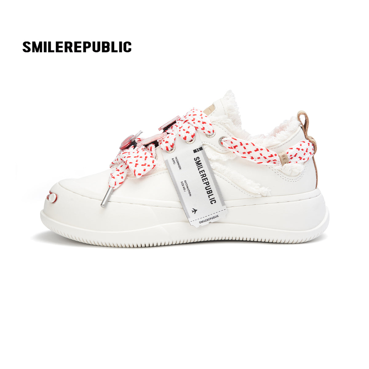 Ivory Sheepskin Leather Low Top Sneakers with Red Lace Details for Women