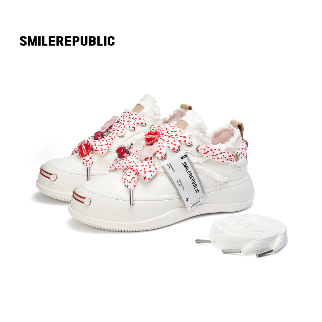 Ivory Sheepskin Leather Low Top Sneakers with Red Lace Details for Women