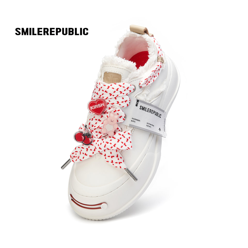 Ivory Sheepskin Leather Low Top Sneakers with Red Lace Details for Women