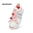 Ivory Sheepskin Leather Low Top Sneakers with Red Lace Details for Women