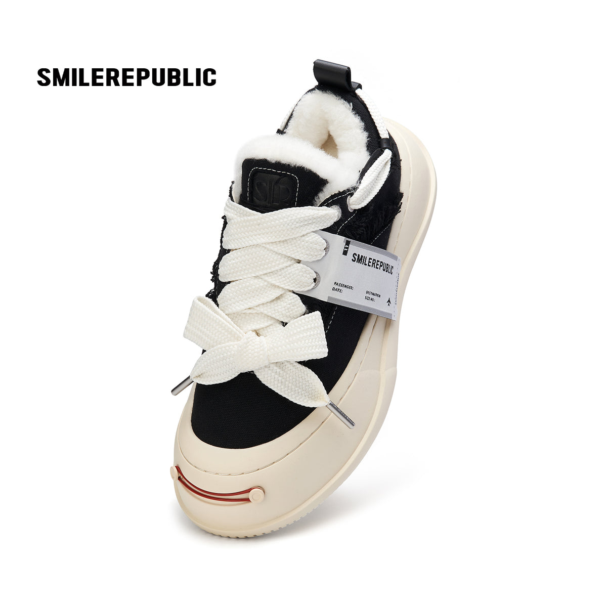 Black Canvas Fuzzy Trim Platform Sneakers, Unisex Low Top Lace Up Shoes
