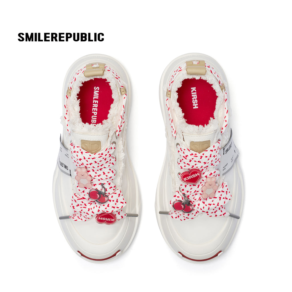 Ivory Sheepskin Leather Low Top Sneakers with Red Lace Details for Women