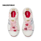 Ivory Sheepskin Leather Low Top Sneakers with Red Lace Details for Women