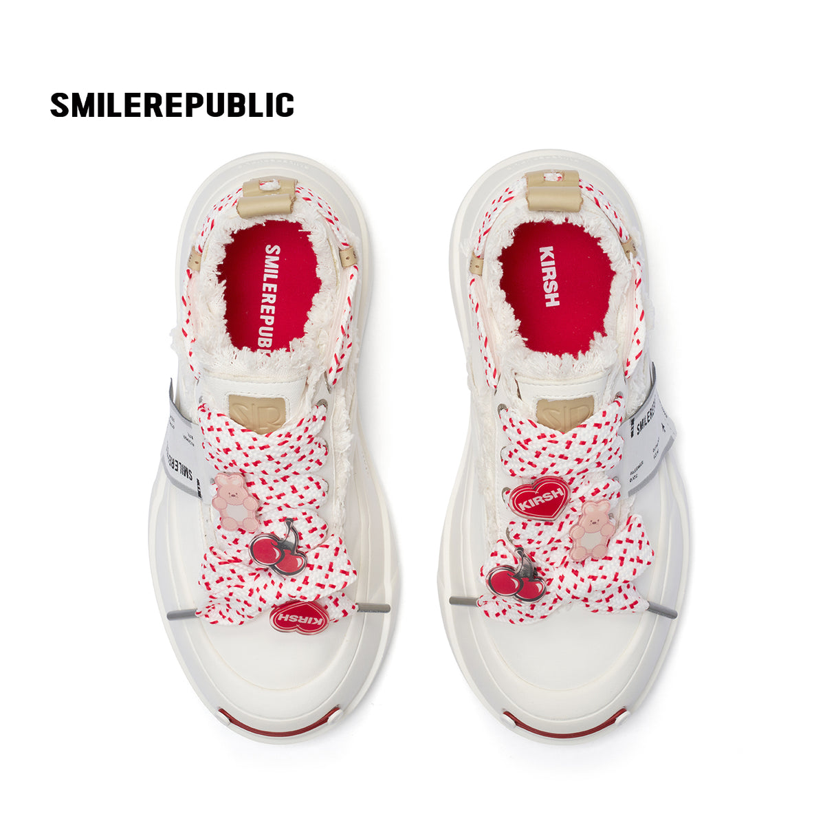 Ivory Sheepskin Leather Low Top Sneakers with Red Lace Details for Women