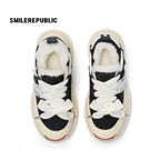 Black Canvas Fuzzy Trim Platform Sneakers, Unisex Low Top Lace Up Shoes