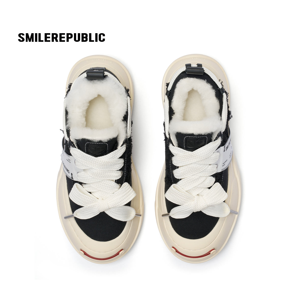 Black Canvas Fuzzy Trim Platform Sneakers, Unisex Low Top Lace Up Shoes