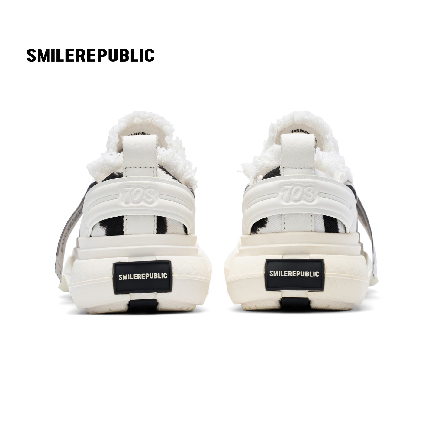 White Black Dalmatian Print Frayed Low Top Platform Sneakers, Unisex Shoes