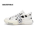 White Black Dalmatian Print Frayed Low Top Platform Sneakers, Unisex Shoes