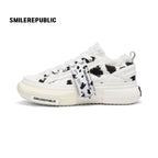 White Black Dalmatian Print Frayed Low Top Platform Sneakers, Unisex Shoes