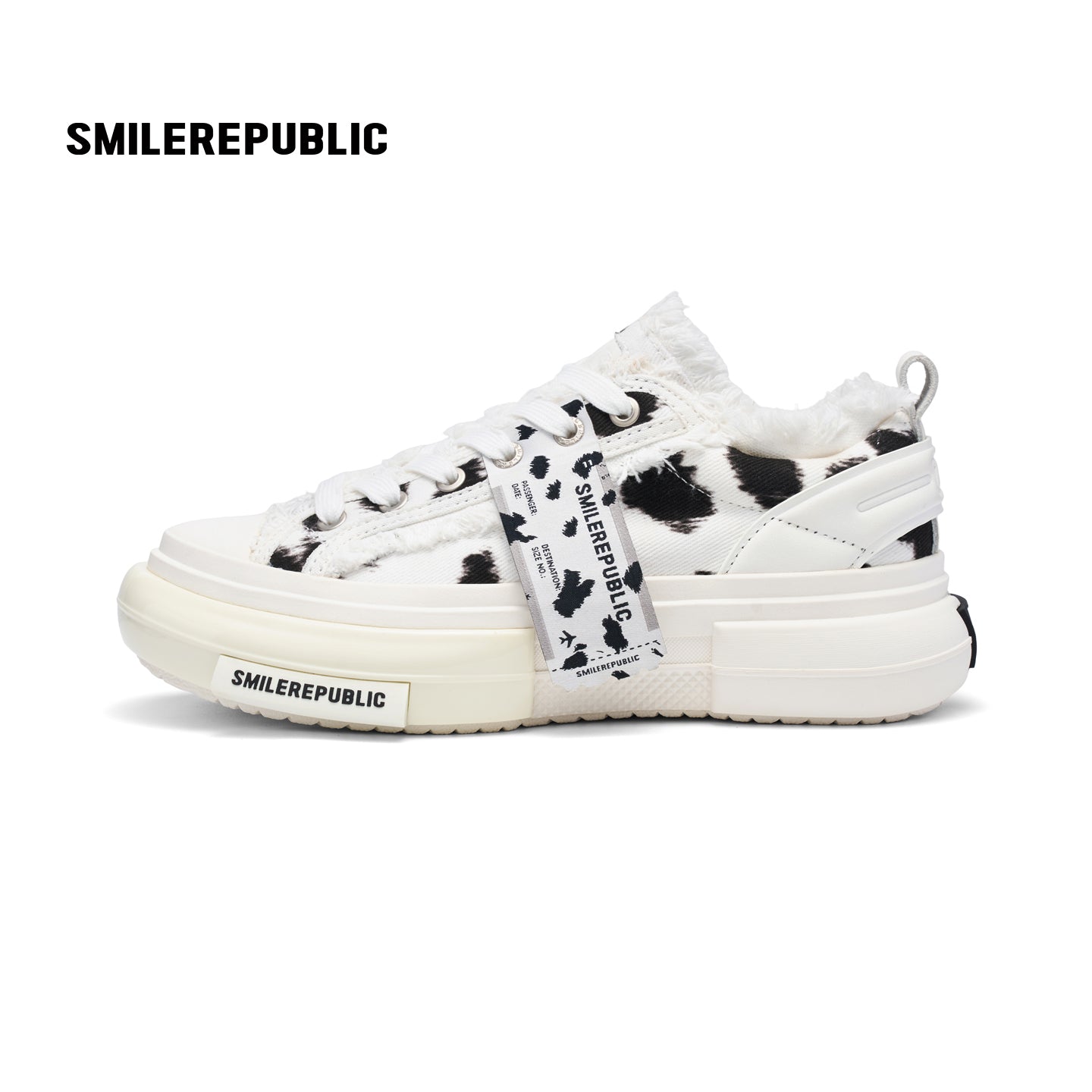 White Black Dalmatian Print Frayed Low Top Platform Sneakers, Unisex Shoes