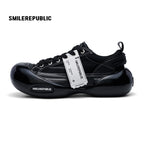 Black Canvas Chunky Sneakers with Oversized Rounded Toe, Low Top Lace Up Shoes