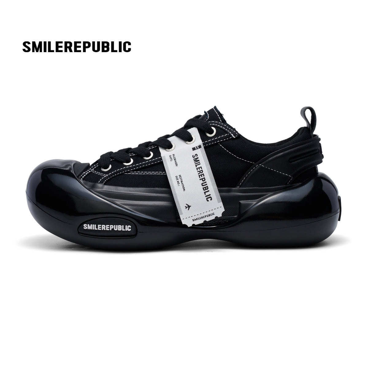 Black Canvas Chunky Sneakers with Oversized Rounded Toe, Low Top Lace Up Shoes