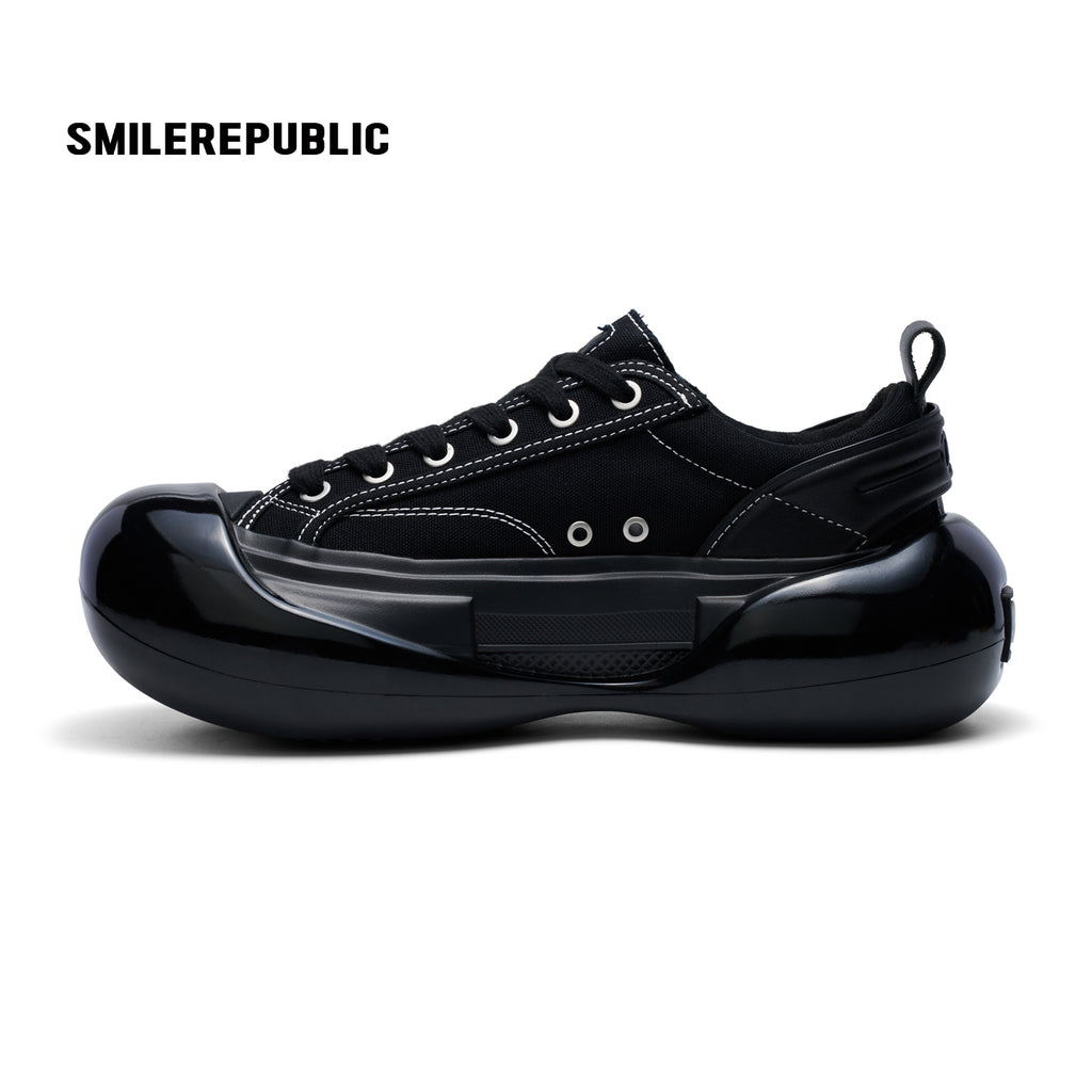 Black Canvas Chunky Sneakers with Oversized Rounded Toe, Low Top Lace Up Shoes