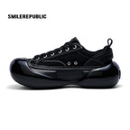 Black Canvas Chunky Sneakers with Oversized Rounded Toe, Low Top Lace Up Shoes