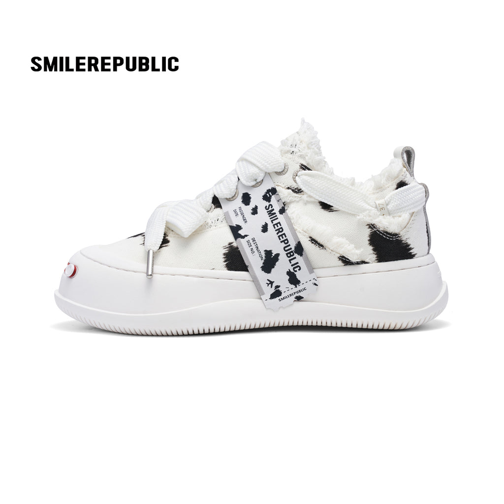 Black and White Spotted Canvas Platform Sneakers with Replaceable Smile Toe Design