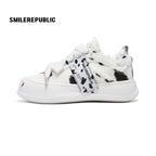 Black and White Spotted Canvas Platform Sneakers with Replaceable Smile Toe Design