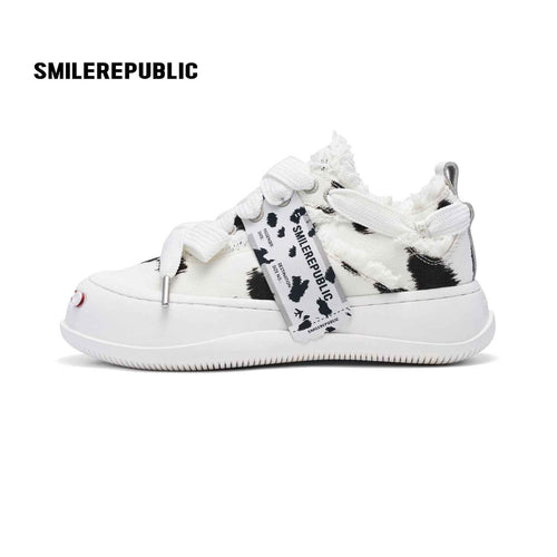 Black and White Spotted Canvas Platform Sneakers with Replaceable Smile Toe Design