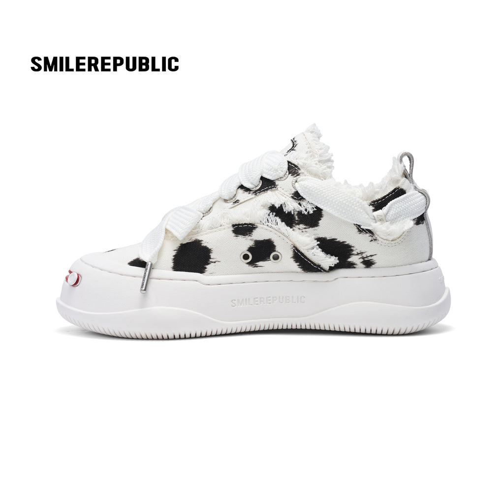 Black and White Spotted Canvas Platform Sneakers with Replaceable Smile Toe Design