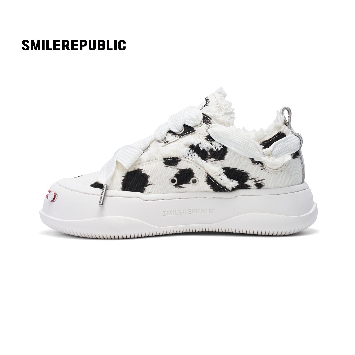 Black and White Spotted Canvas Platform Sneakers with Replaceable Smile Toe Design