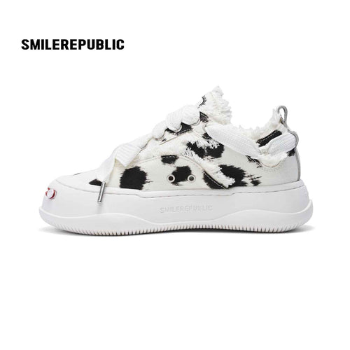 Black and White Spotted Canvas Platform Sneakers with Replaceable Smile Toe Design