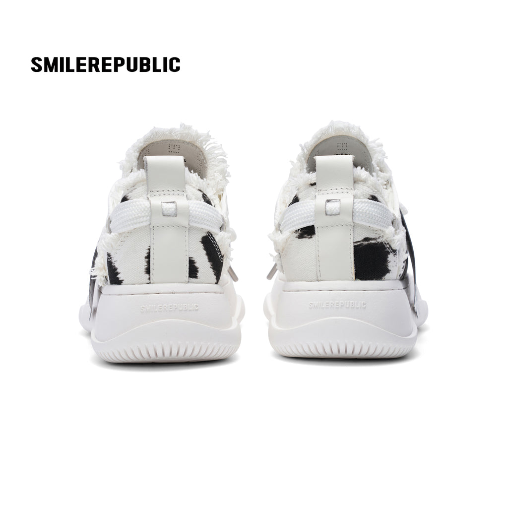 Black and White Spotted Canvas Platform Sneakers with Replaceable Smile Toe Design