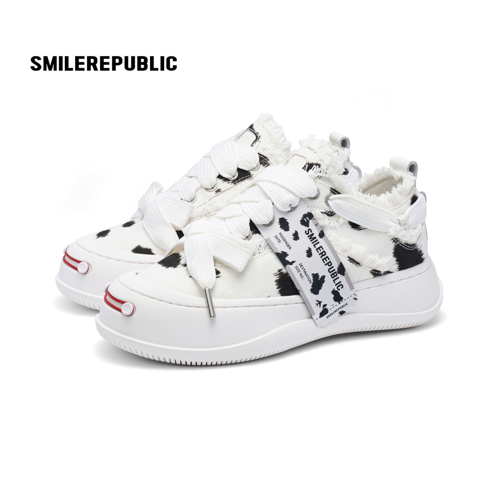 Black and White Spotted Canvas Platform Sneakers with Replaceable Smile Toe Design