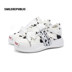 Black and White Spotted Canvas Platform Sneakers with Replaceable Smile Toe Design