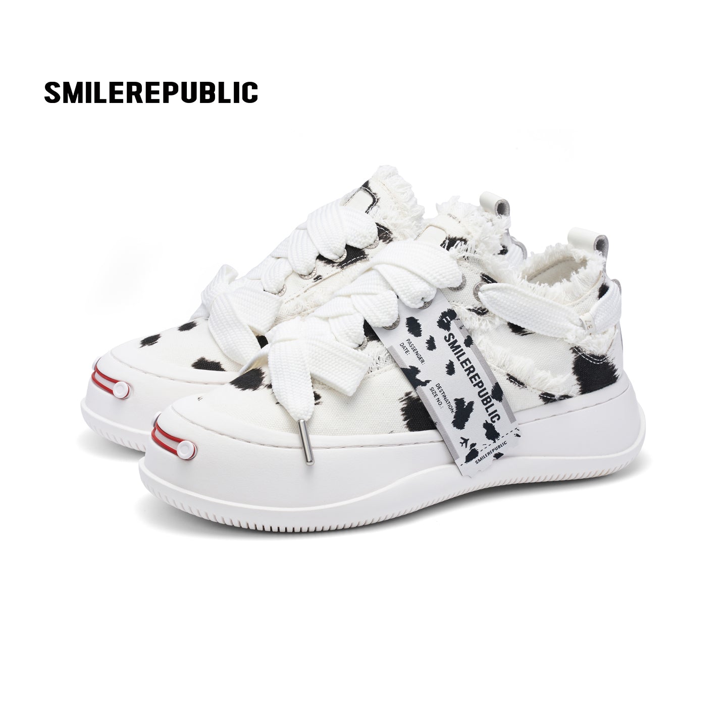 Black and White Spotted Canvas Platform Sneakers with Replaceable Smile Toe Design