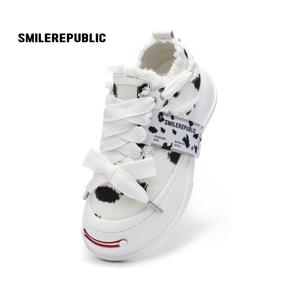 Black and White Spotted Canvas Platform Sneakers with Replaceable Smile Toe Design