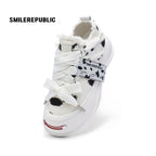 Black and White Spotted Canvas Platform Sneakers with Replaceable Smile Toe Design