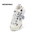 White Black Dalmatian Print Frayed Low Top Platform Sneakers, Unisex Shoes